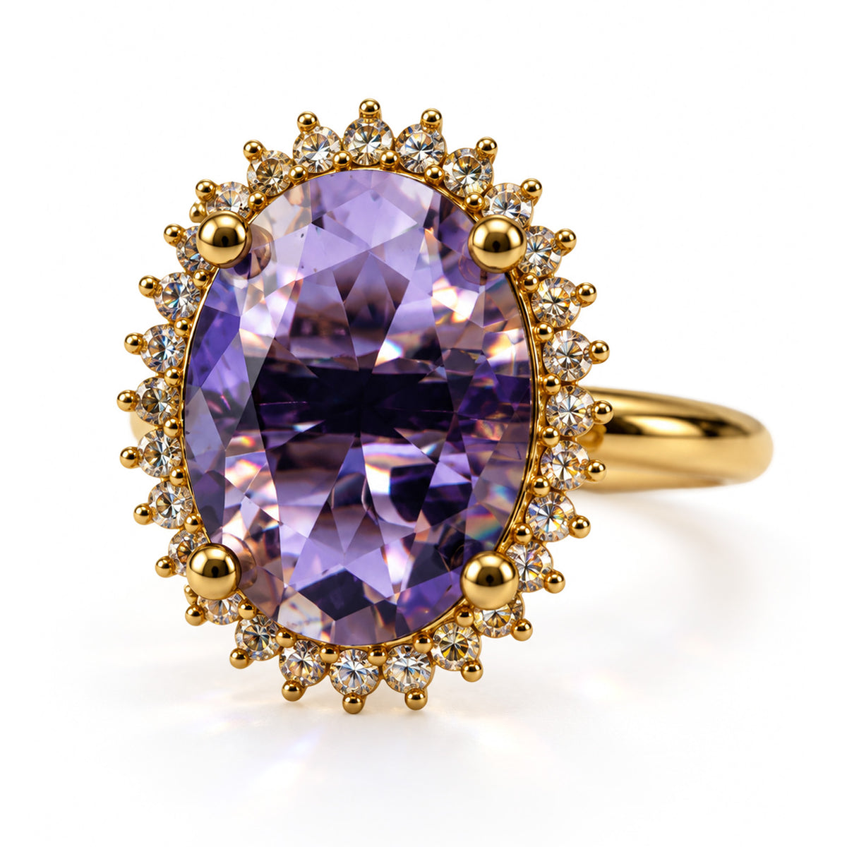 Purple Oval Stone Sunburst Halo Ring - Gold Plated, product view