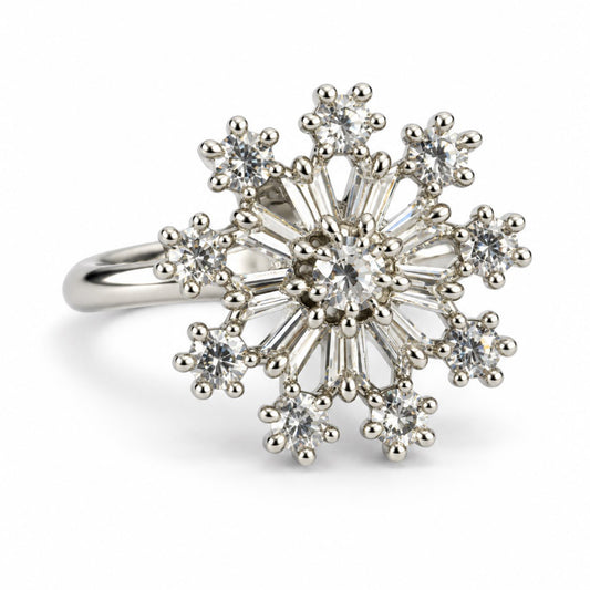 Clear Floral Starburst Ring - Silver Plated