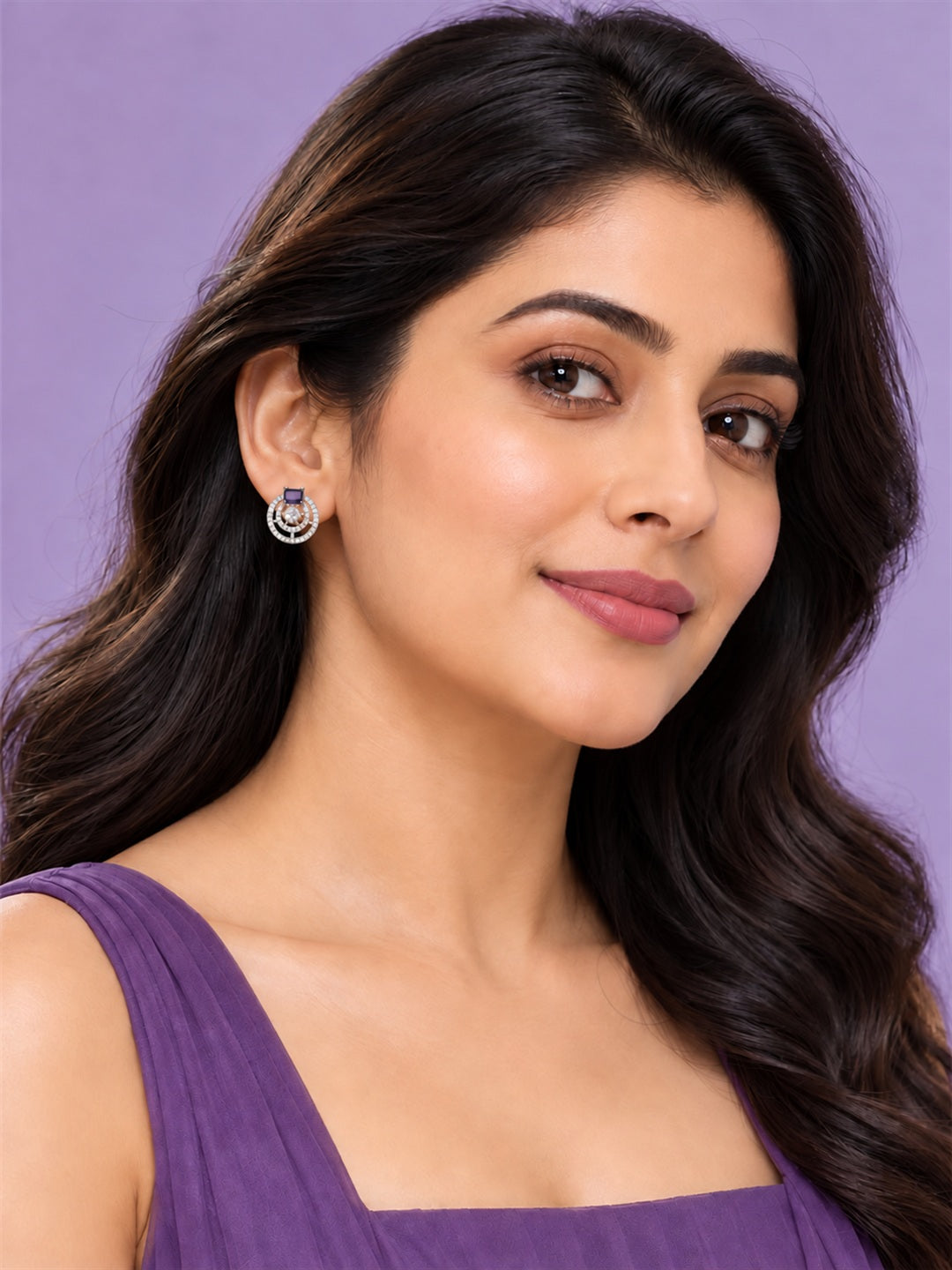 Purple Stone Double Halo Stud Earrings, silver plated, worn on model