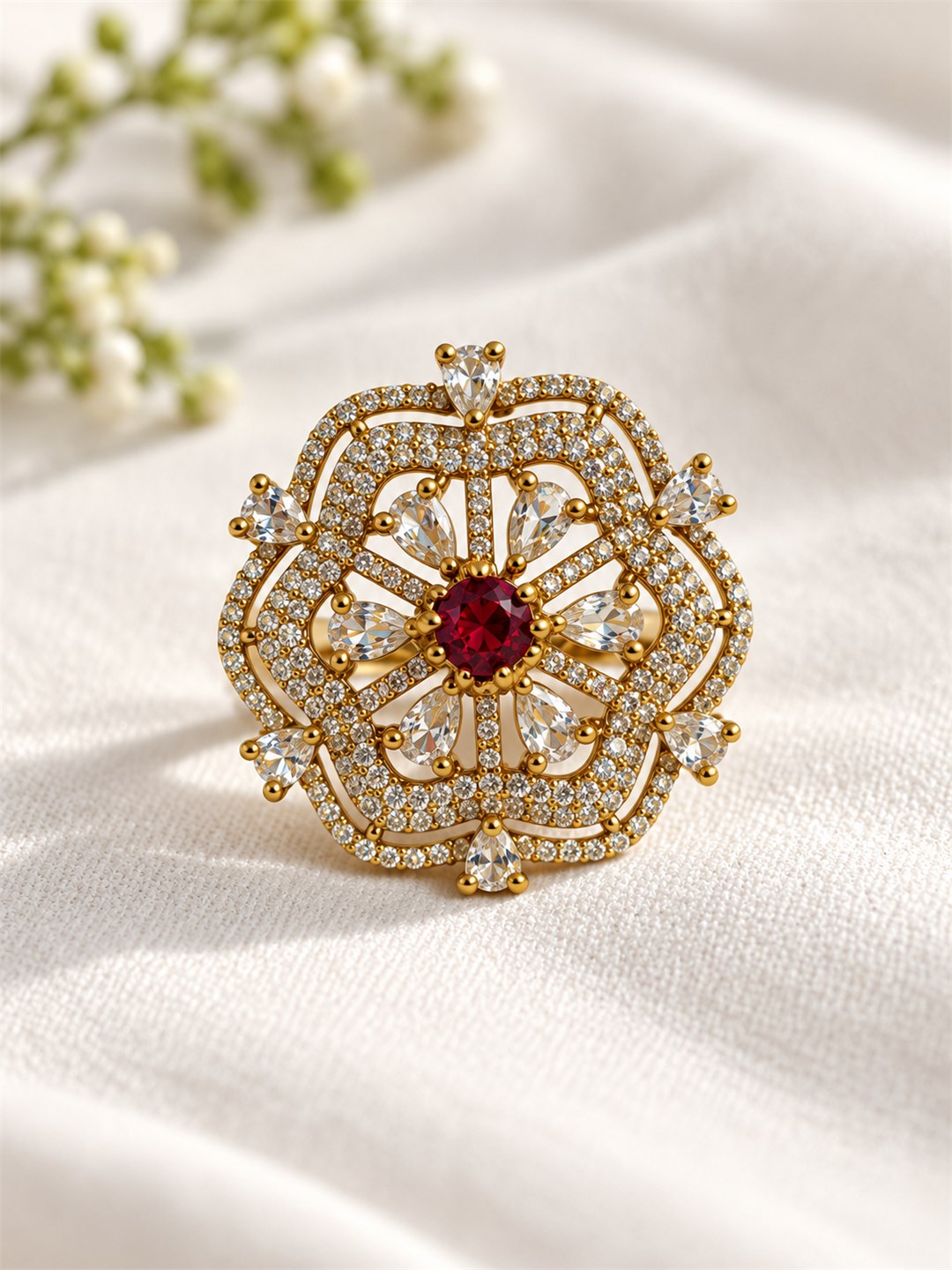 Red Stone Scalloped Floral Halo Ring - Gold Plated, additional view 3