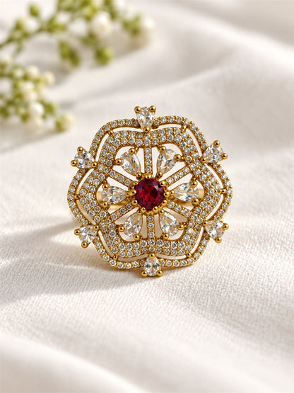 Red Stone Scalloped Floral Halo Ring - Gold Plated, additional view 3