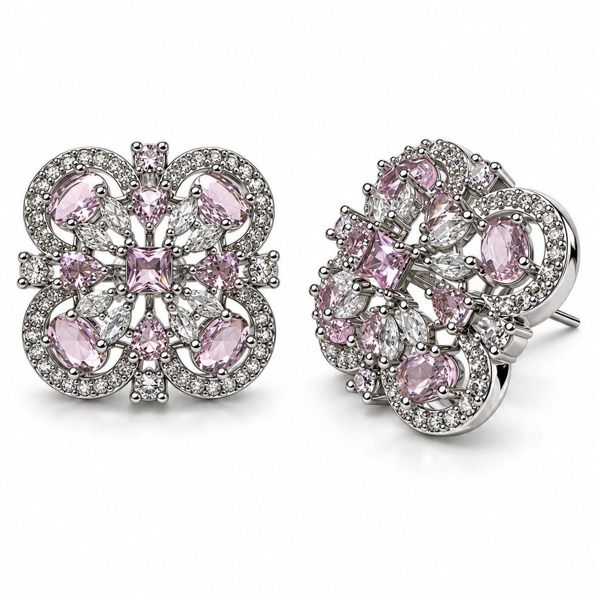 Pink Scrollwork Floral Stud Earrings in silver plating