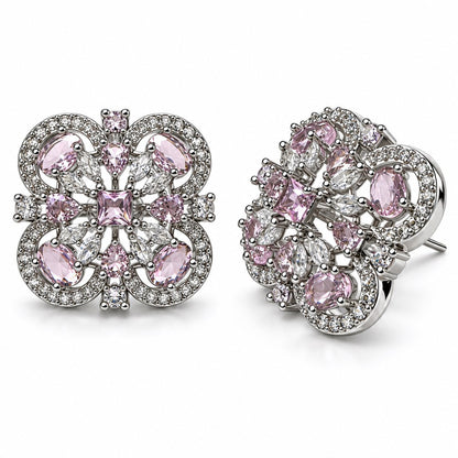 Pink Scrollwork Floral Stud Earrings in silver plating