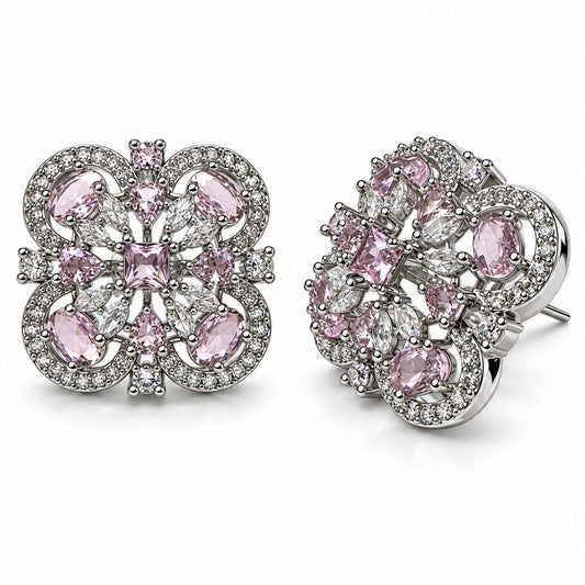 Pink Scrollwork Floral Stud Earrings in silver plating