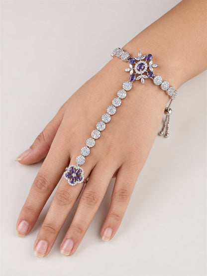 Purple silver-plated floral round-stone chain hathphool worn on hand