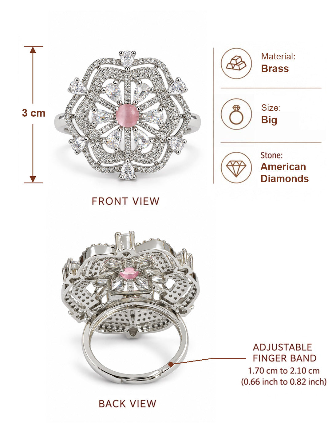 Pink Round Center Geometric Flower Ring - Silver Plated - alternate view
