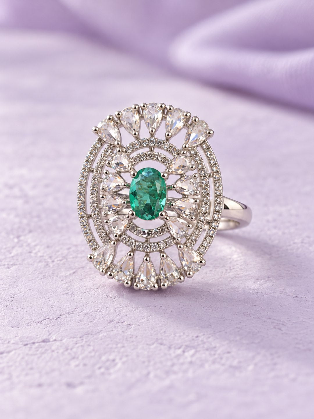 Green Oval Center Halo Ring - Silver Plated - alternate view