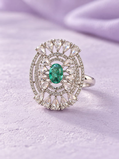 Green Oval Center Halo Ring - Silver Plated - alternate view