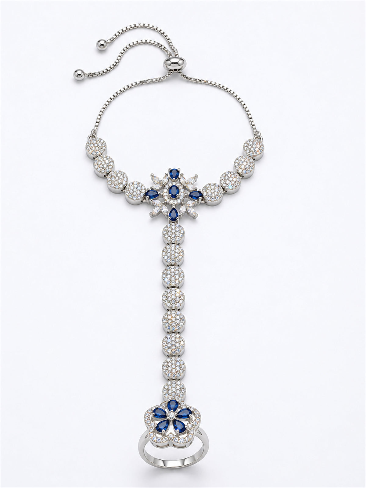 Blue silver-plated floral round-stone chain hathphool