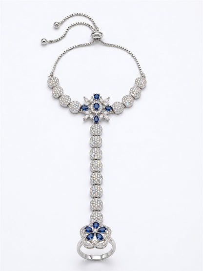 Blue silver-plated floral round-stone chain hathphool