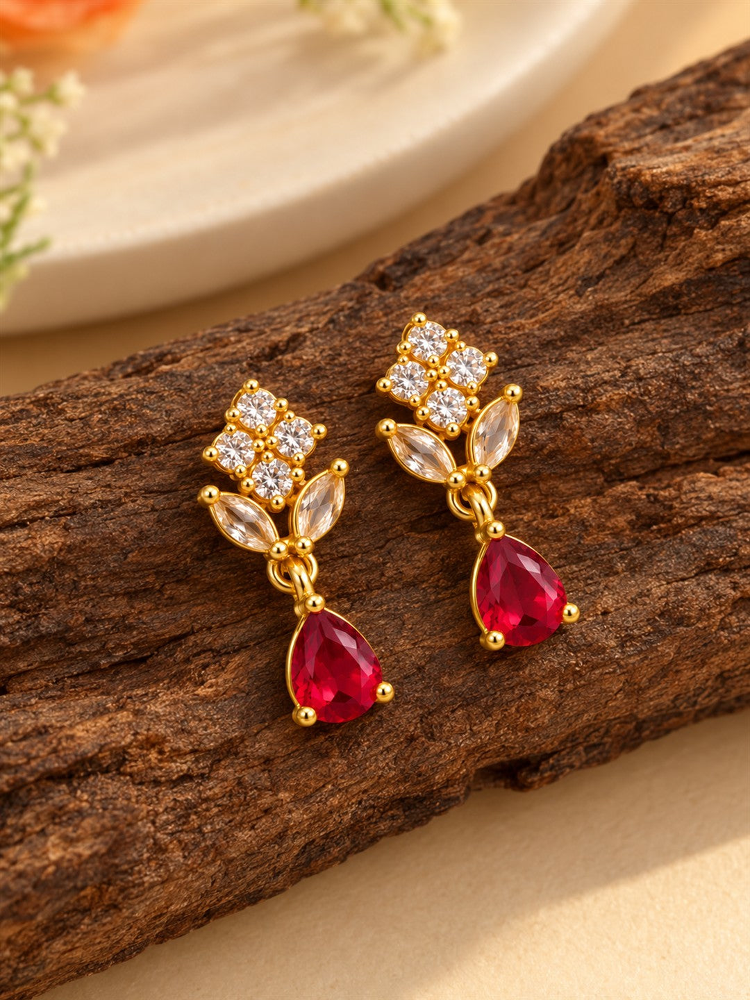 Red Teardrop Floral Drop Earrings - Gold Plated, additional view 3