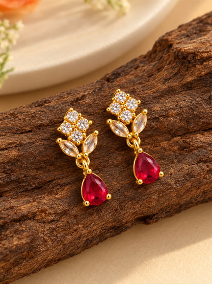 Red Teardrop Floral Drop Earrings - Gold Plated, additional view 3
