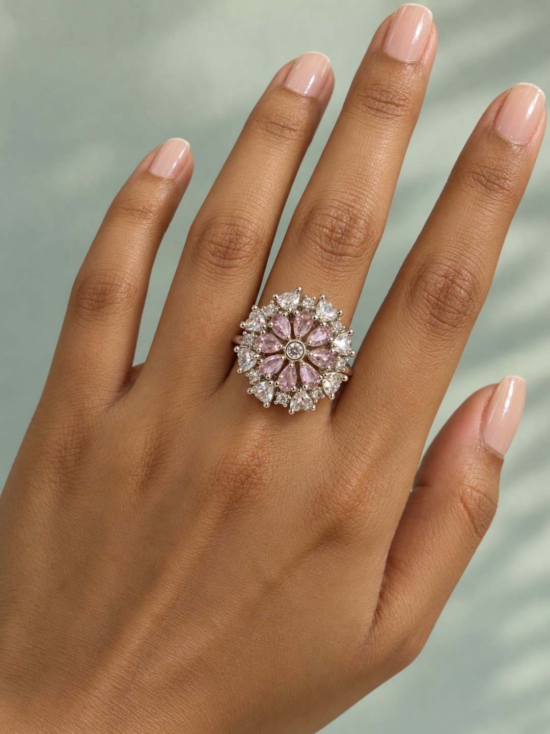 Pink Petal Halo Flower Ring - Silver Plated worn on hand - close-up