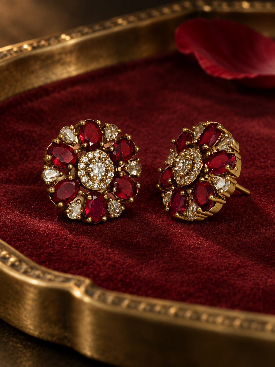 Red Oval Petal Floral Stud Earrings - Gold Plated