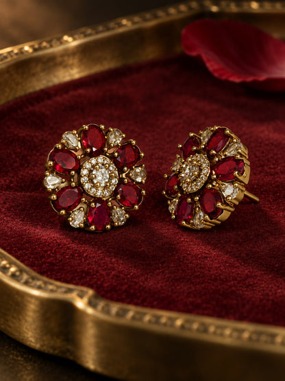 Red Oval Petal Floral Stud Earrings - Gold Plated