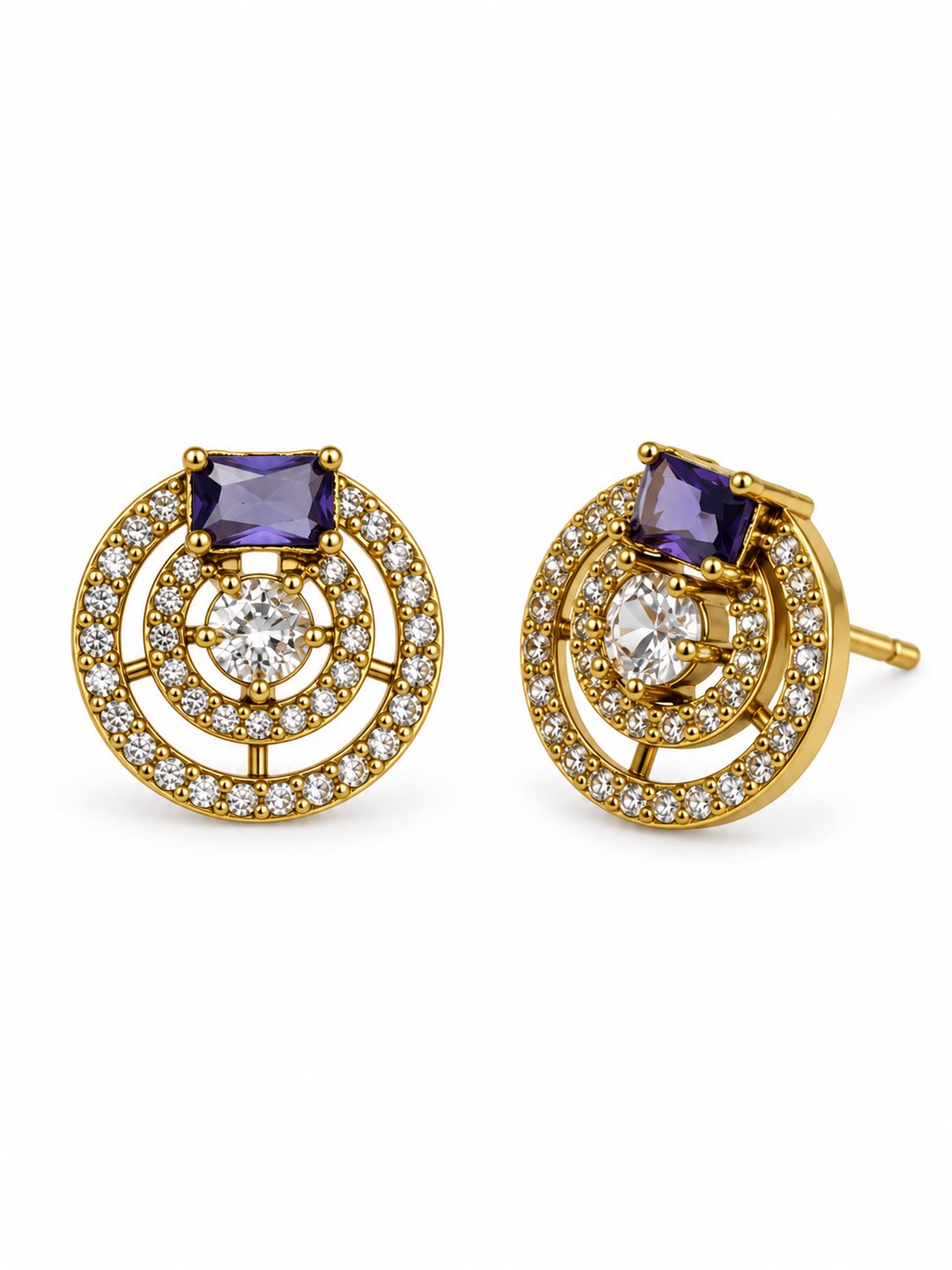 Purple Stone Double Halo Stud Earrings, gold plated, alternate product view