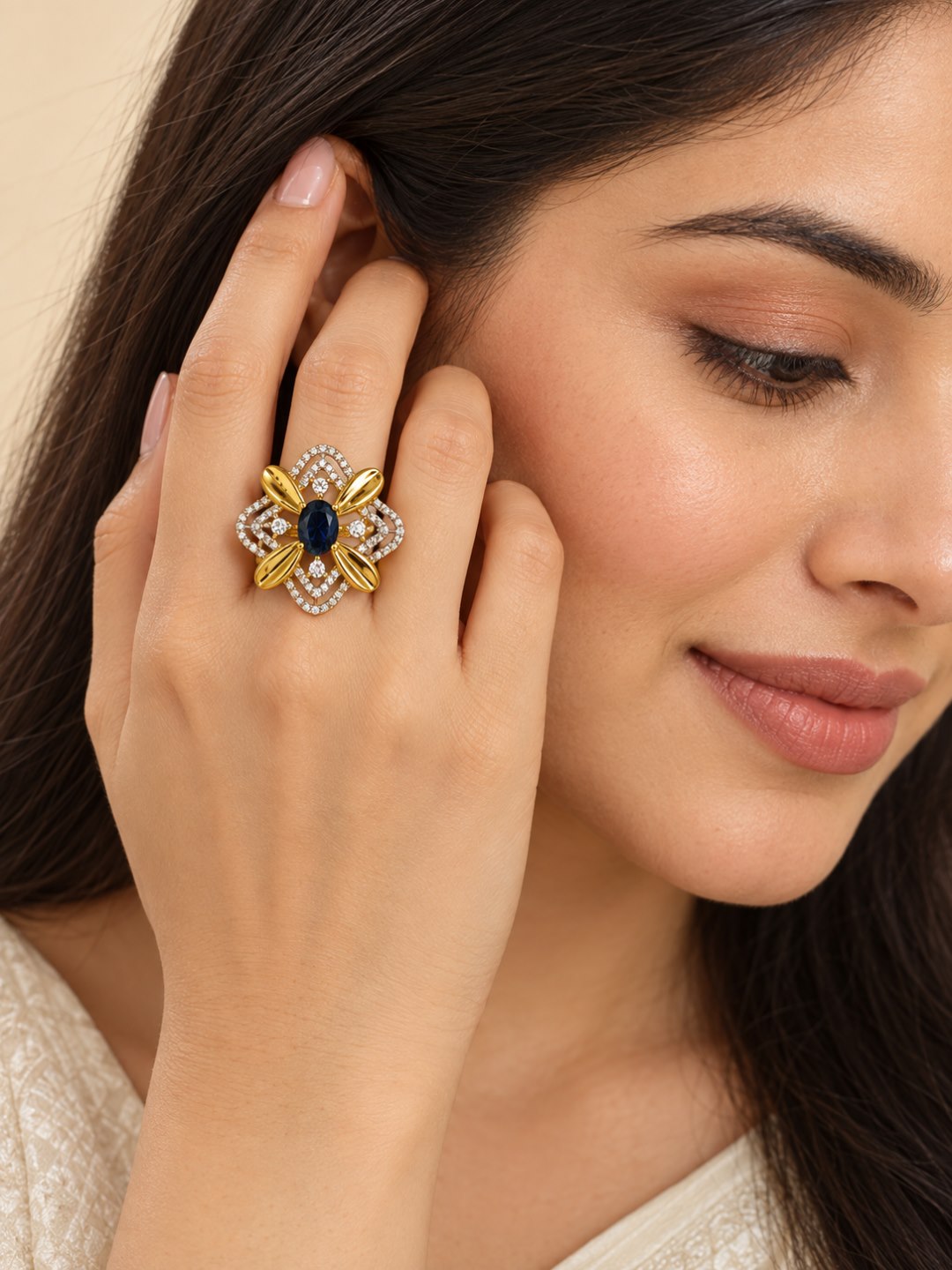 Blue Center Stone Four-Petal Floral Ring - Gold Plated - model close-up