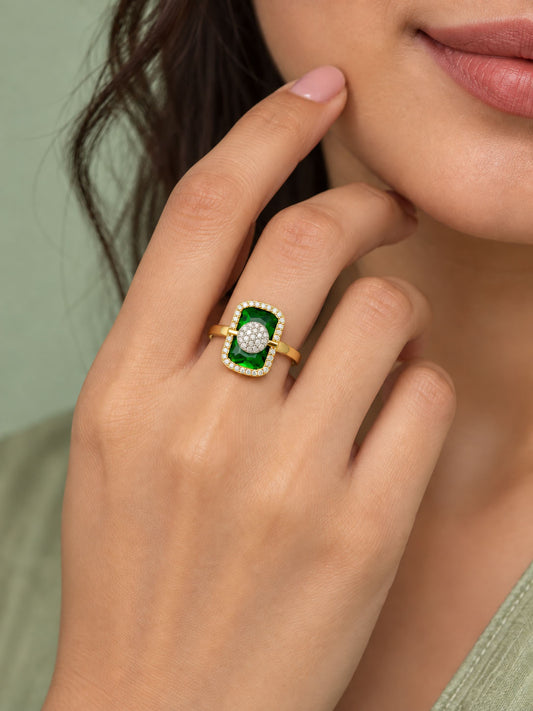 Gold Plated Green American Diamond Adjustable Finger Ring - model close-up
