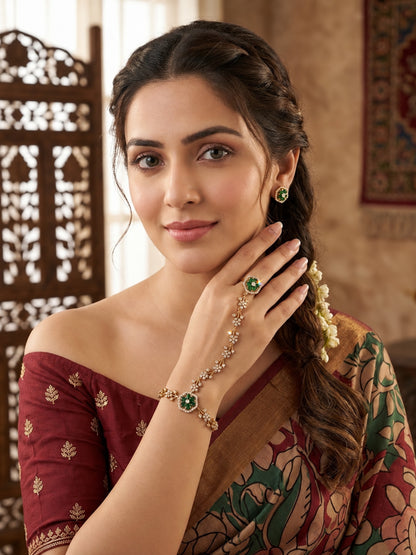 Green Floral Marquise-Stone Chain Hathphool - Mehndi Plated