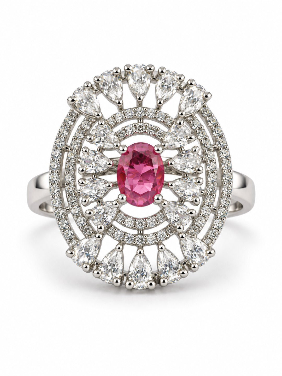 Red Oval Center Halo Ring - Silver Plated - alternate view