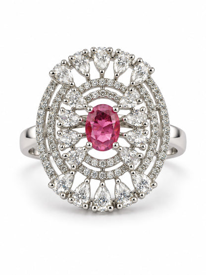 Red Oval Center Halo Ring - Silver Plated - alternate view
