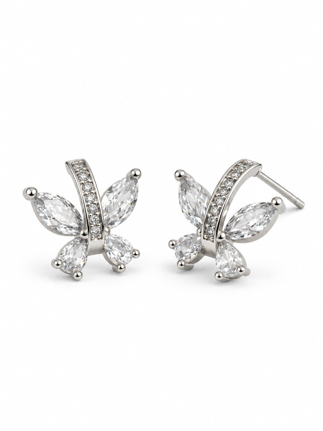 Clear Marquise Leaf Spray Stud Earrings, silver plated, alternate product view