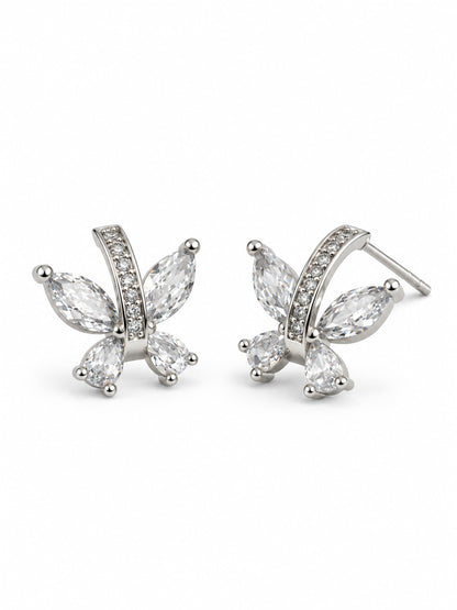 Clear Marquise Leaf Spray Stud Earrings, silver plated, alternate product view
