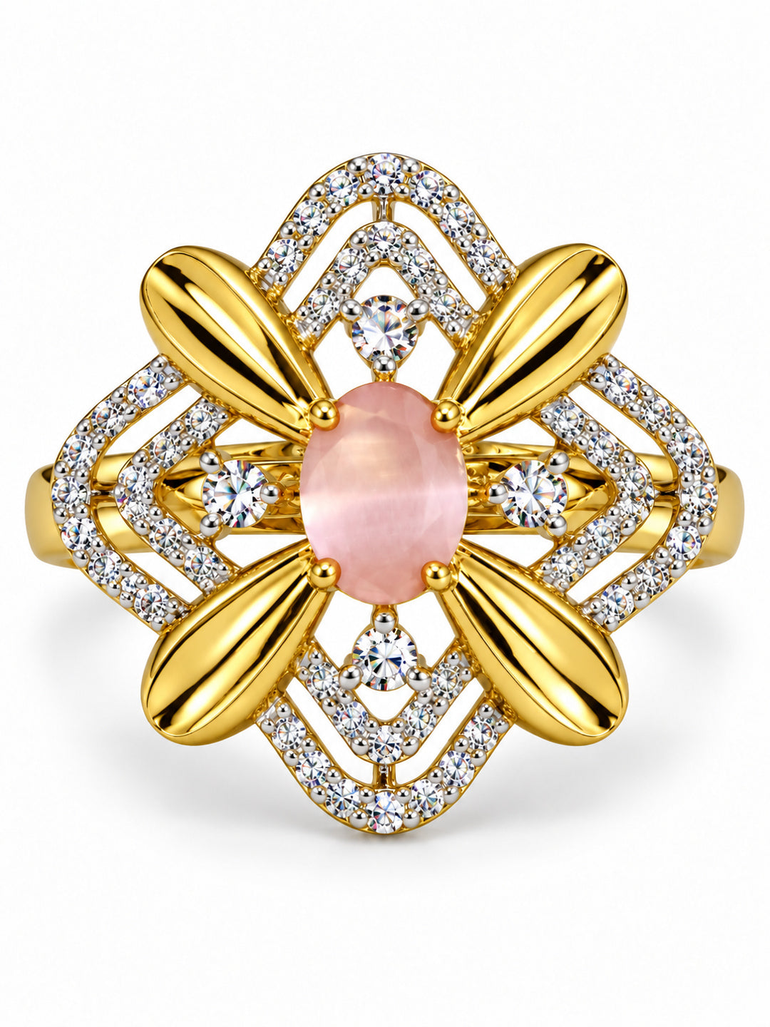 Pink Center Stone Four-Petal Floral Ring - Gold Plated