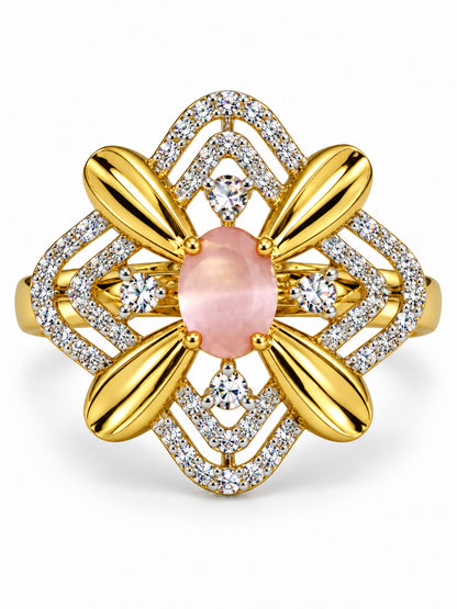 Pink Center Stone Four-Petal Floral Ring - Gold Plated