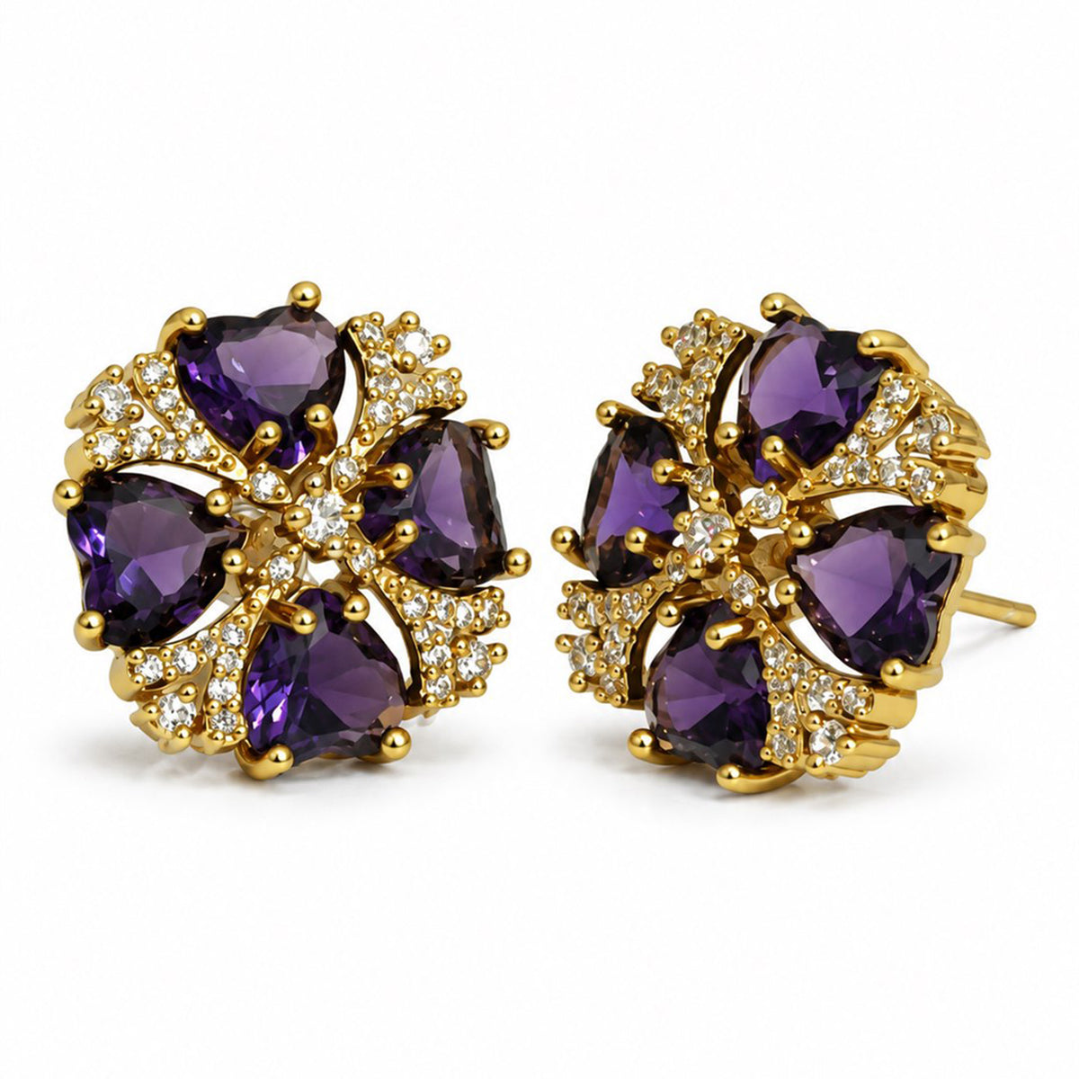 Purple Four Heart Floral Stud Earrings - Gold Plated