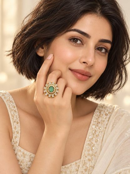 Sea Green Center Stone Baguette Halo Ring - Gold Plated