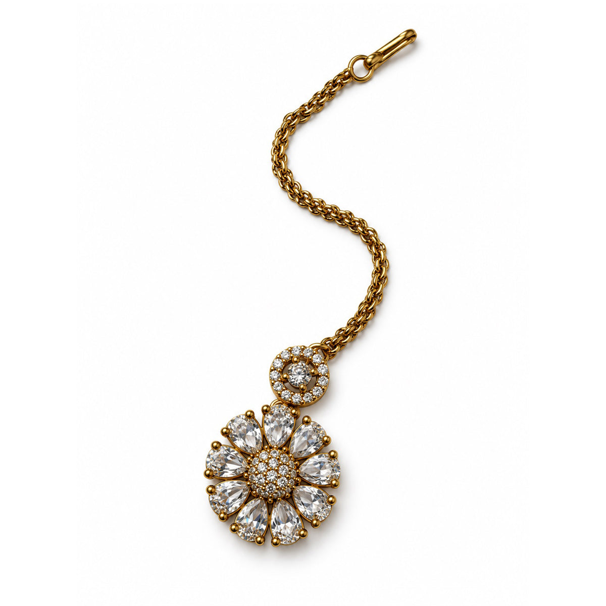 Clear Teardrop Floral Maang Tikka - Gold Plated, product view
