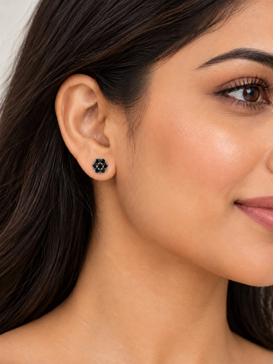 Black Stone Floral Cluster Stud Earrings, silver plated, model close-up