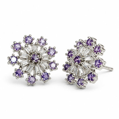 Purple Baguette Sunburst Stud Earrings, silver plated