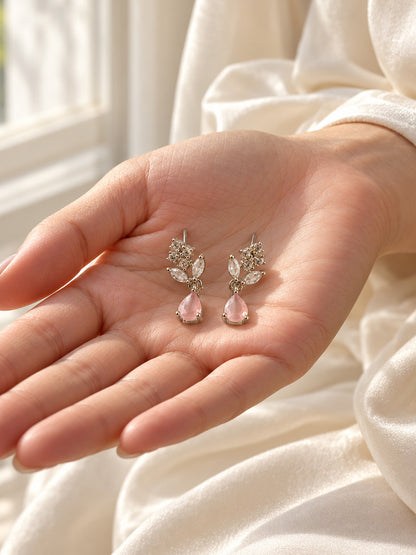 Pink Teardrop Floral Drop Earrings - Silver Plated, additional view 4