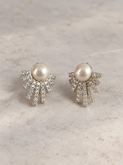 White Pearl-Effect Sunray Fan Stud Earrings, silver plated, lifestyle view
