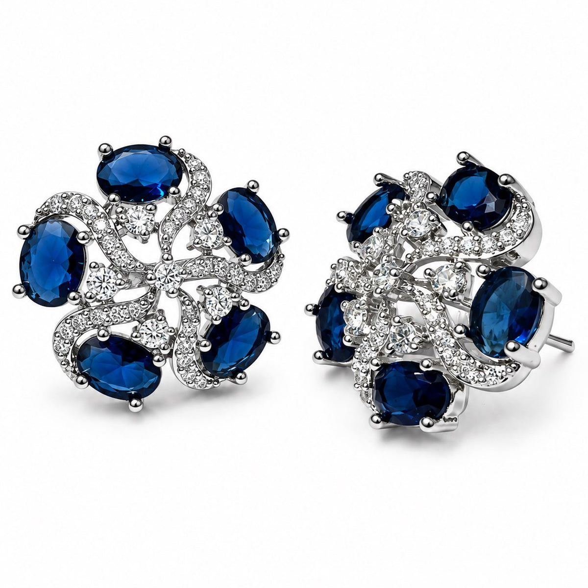 Blue Oval Stone Openwork Floral Stud Earrings in silver plating