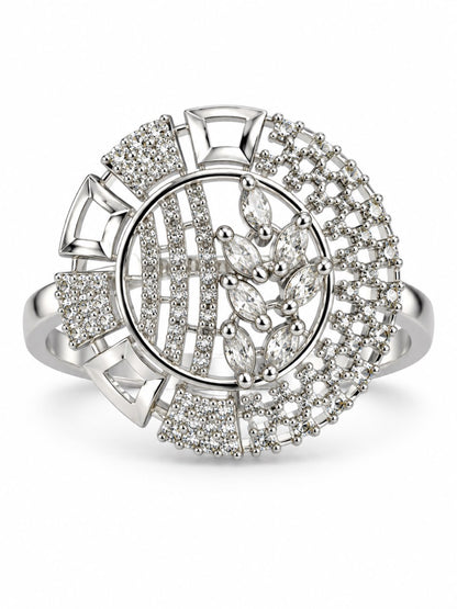 Clear Stone Circular Geometric Ring - Silver Plated - alternate view