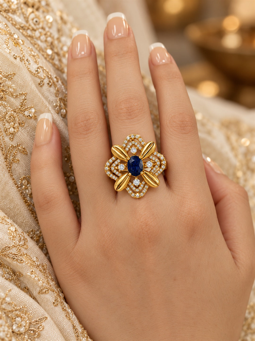 Blue Stone Four Petal Floral Ring - Gold Plated, model close-up
