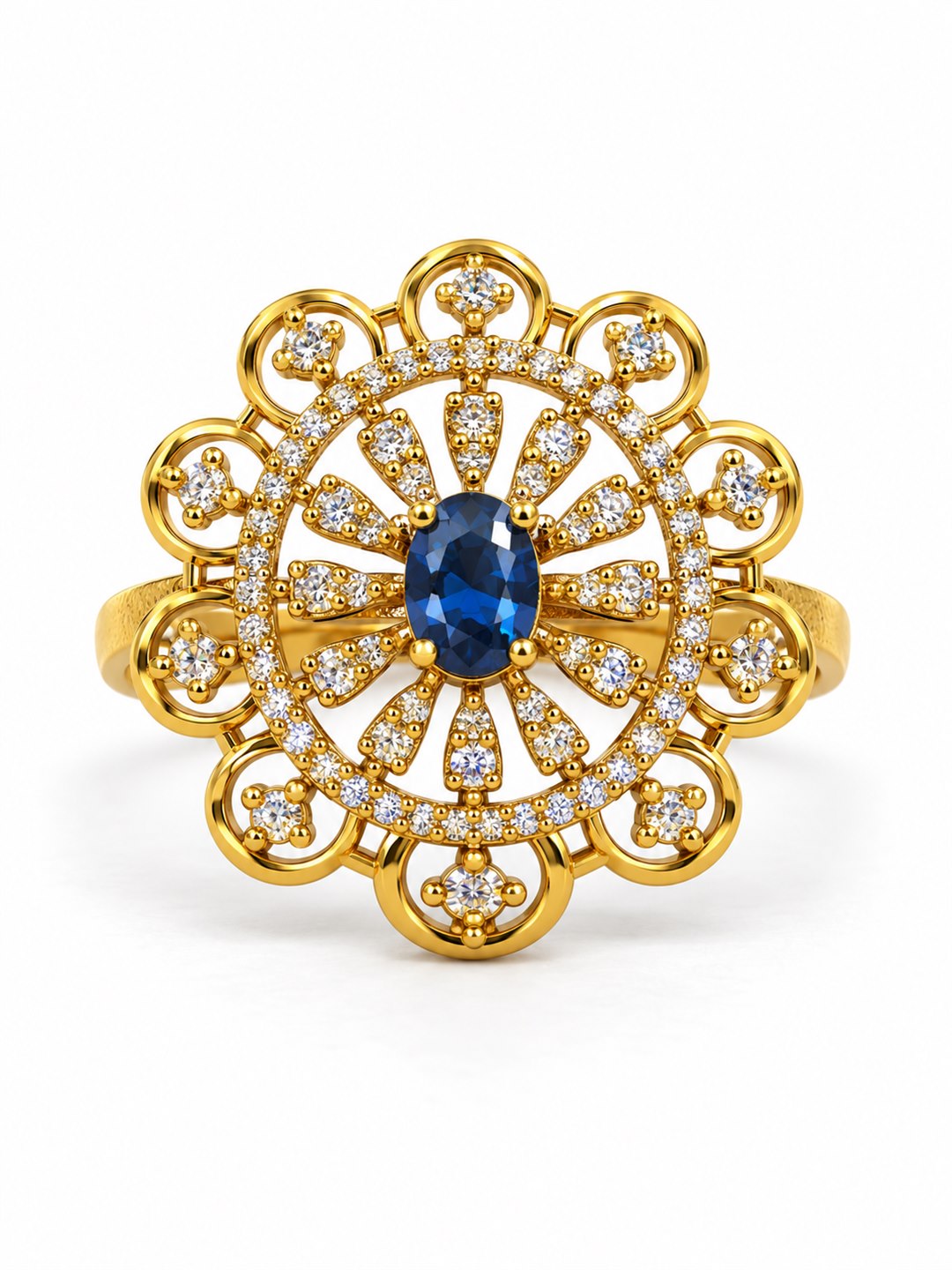 Blue Stone Scalloped Sunburst Ring - Gold Plated, additional view 4