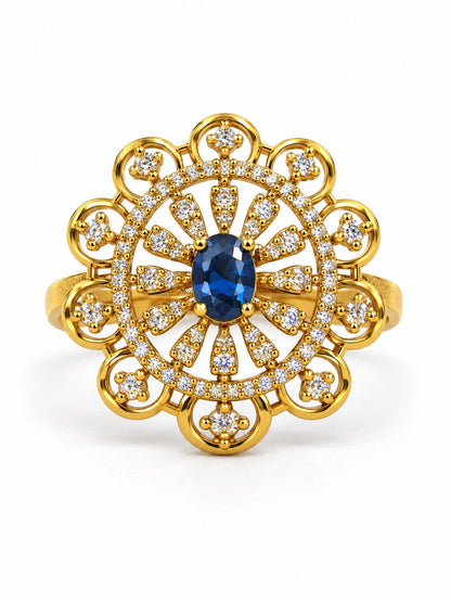 Blue Stone Scalloped Sunburst Ring - Gold Plated, additional view 4