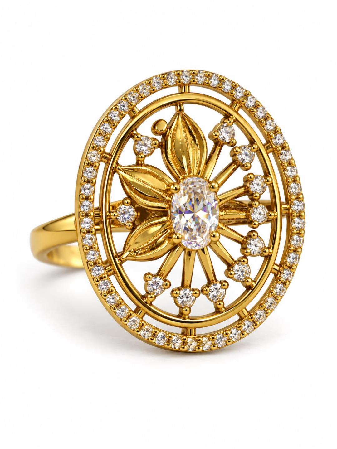 Clear Stone Oval Sunburst Ring - Gold Plated, additional view 1