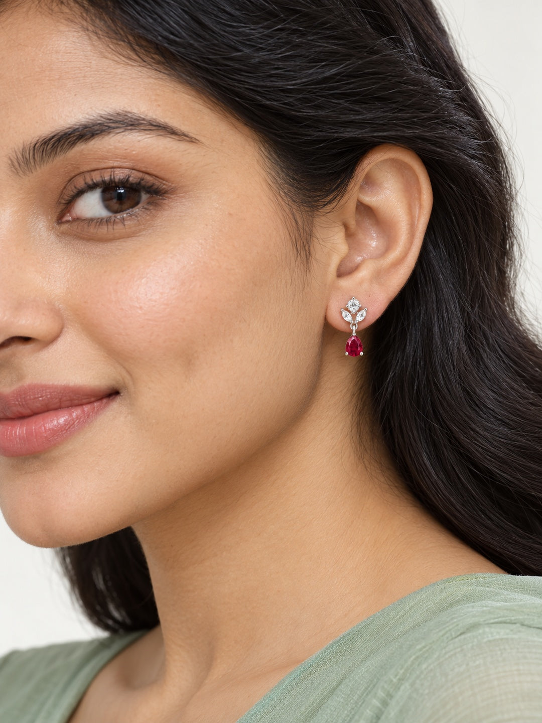 Red Teardrop Floral Drop Earrings - Silver Plated, model close-up
