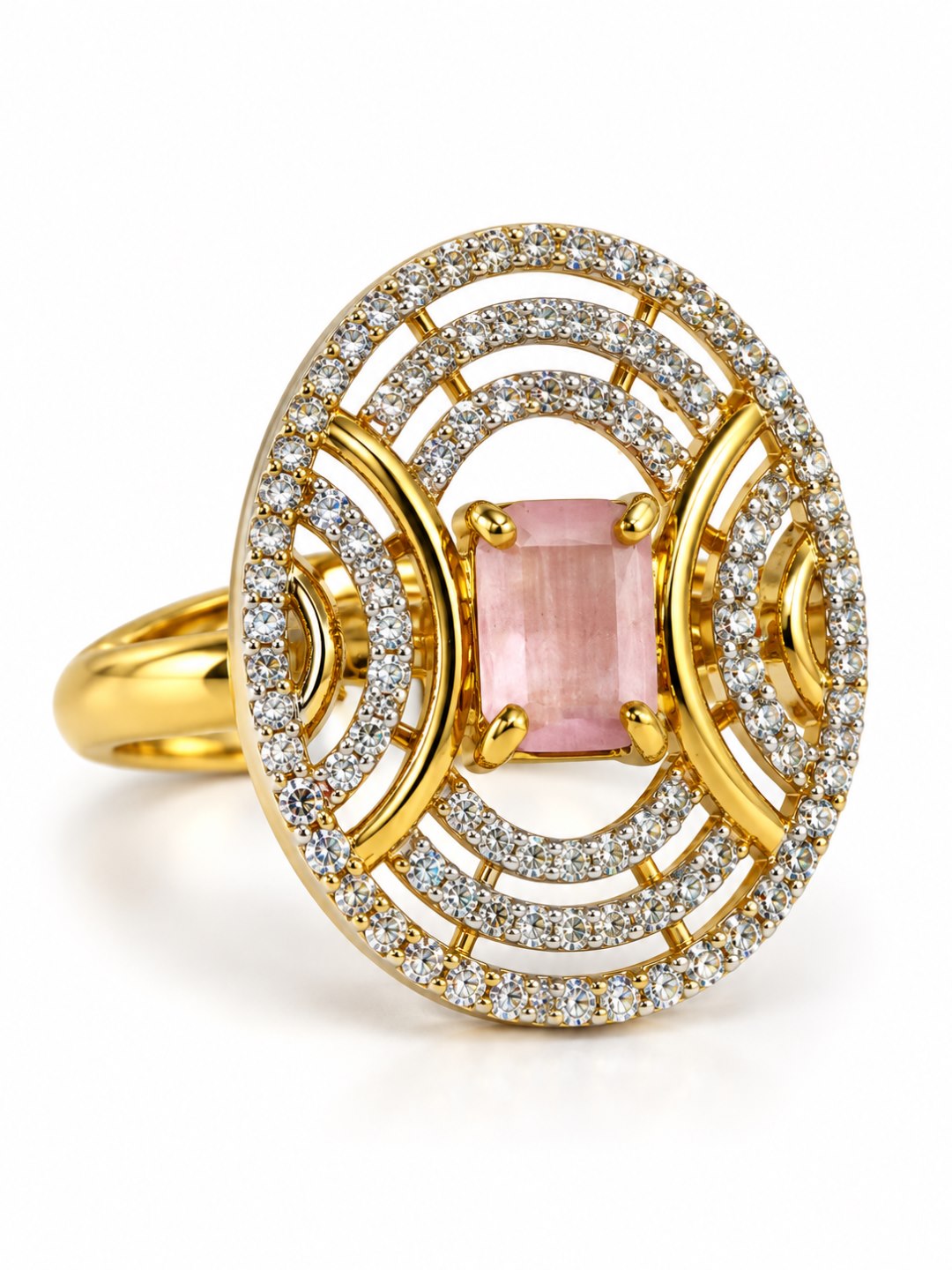 Pink Center Stone Oval Geometric Halo Ring - Gold Plated