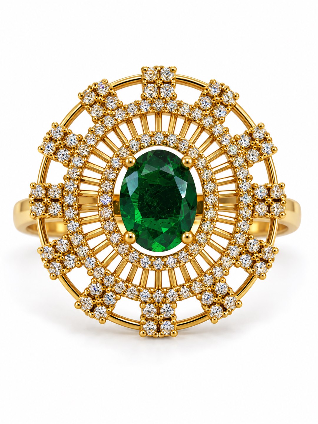 Green Stone Oval Baguette Halo Ring - Gold Plated, additional view 4