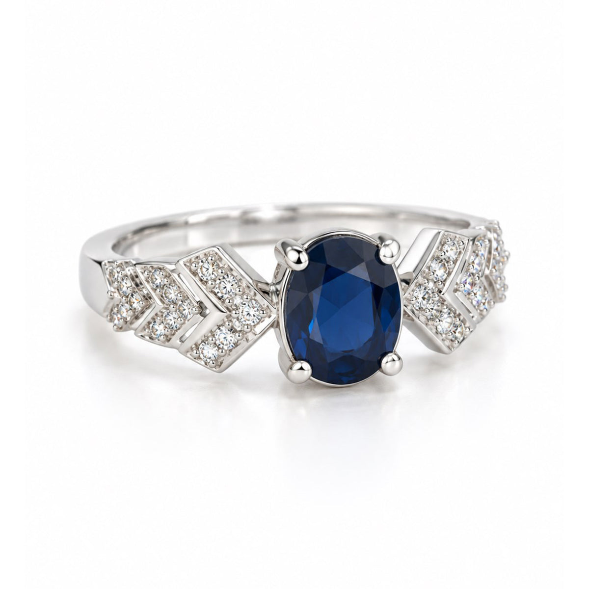 Blue Oval Center Stone Geometric Shoulder Ring - Silver Plated
