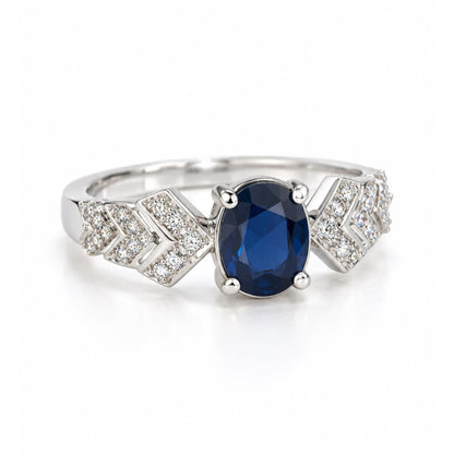 Blue Oval Center Stone Geometric Shoulder Ring - Silver Plated