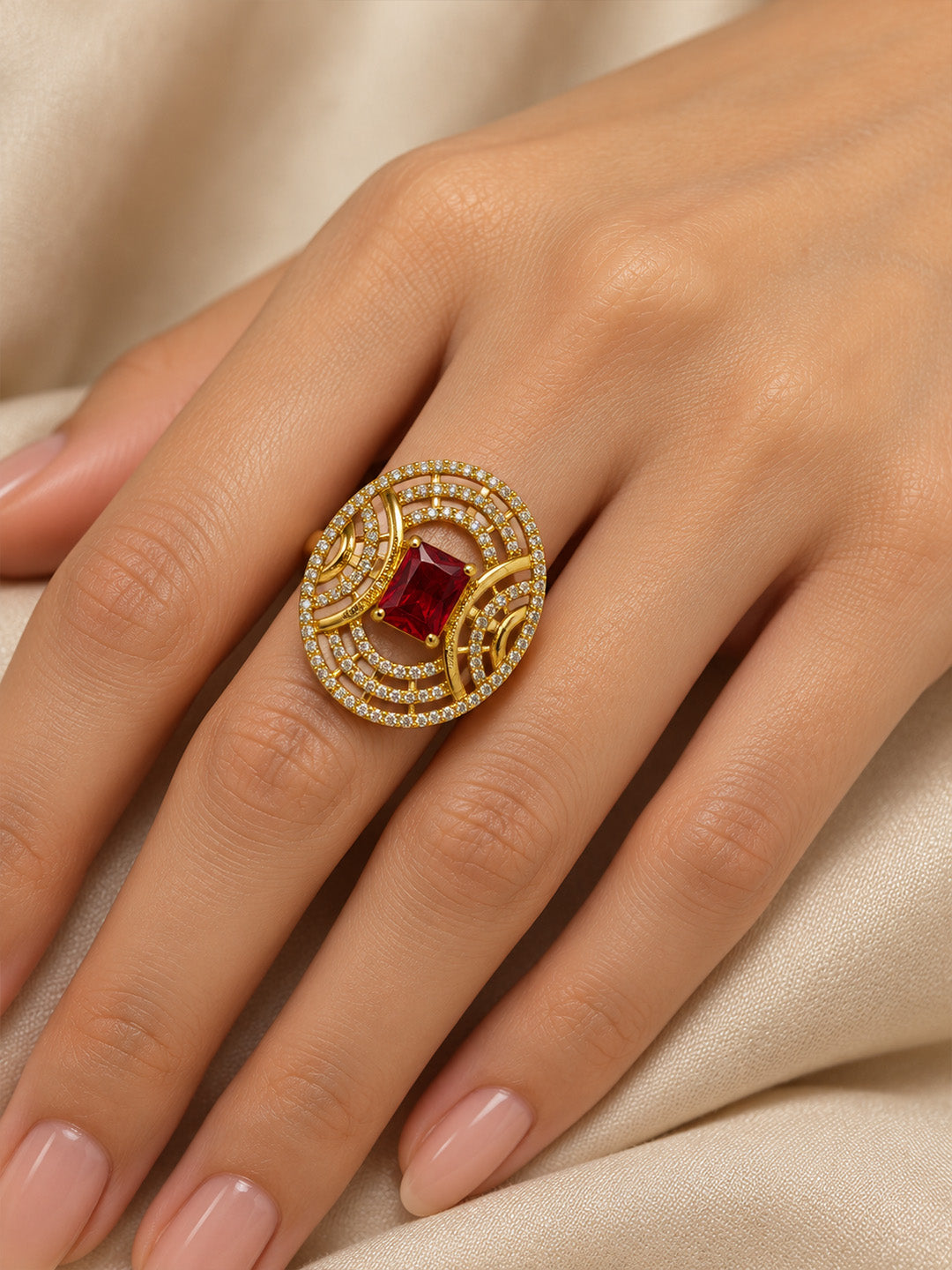 Red Stone Rectangular Stone Oval Halo Ring - Gold Plated, model close-up
