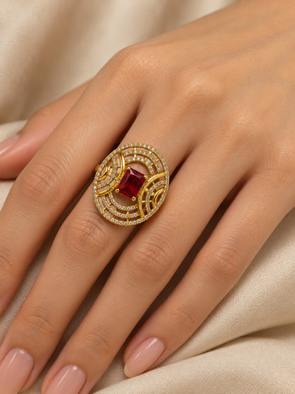 Red Stone Rectangular Stone Oval Halo Ring - Gold Plated, model close-up