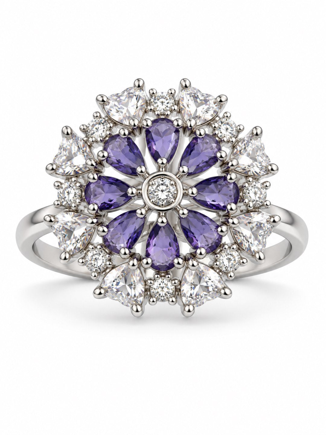 Purple Petal Halo Flower Ring - Silver Plated - alternate view
